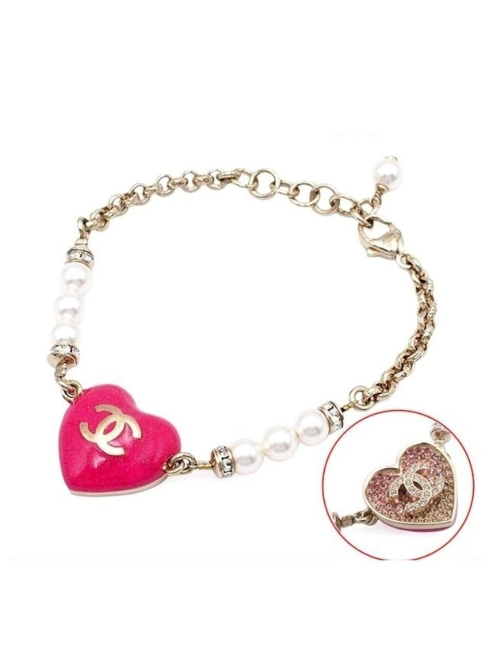 Chanel Bracelet Pink Gold Metal Costume Pearl Rhinestone CC Logo